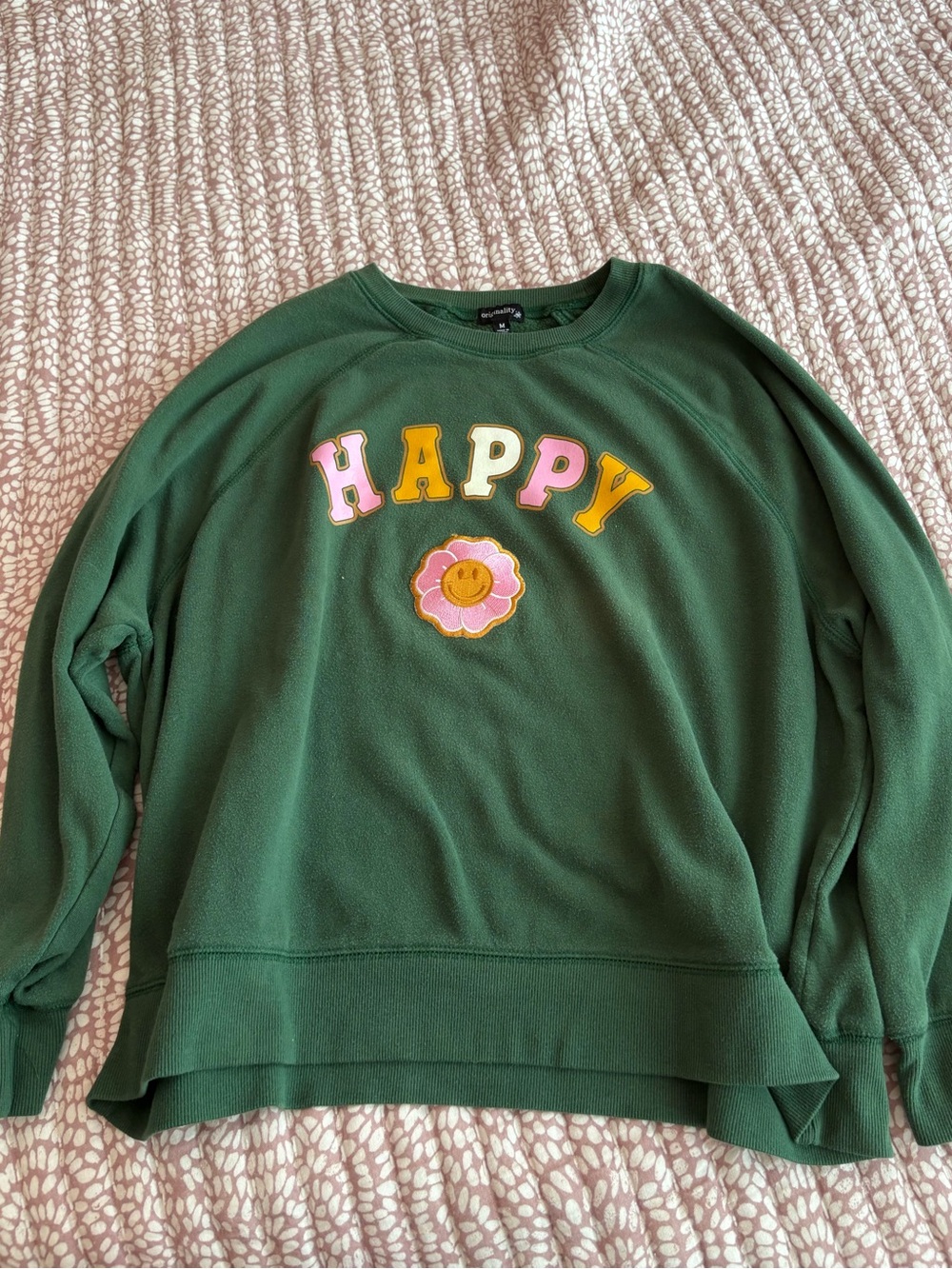 Forest Green 'HAPPY' Crewneck Sweater with Floral Appliqué